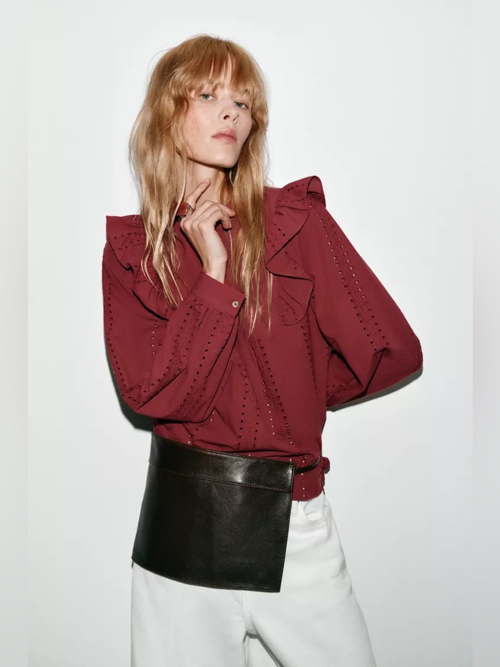 Zara Ruffled Eyelet Blouse - Wine. POP